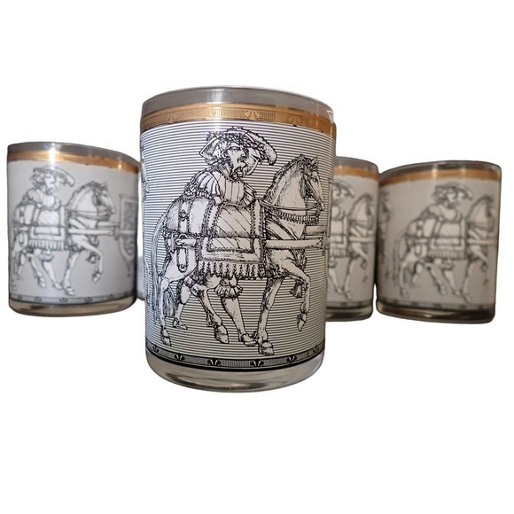 Vintage Cera 2 Camelot Gold Black White Knights and Horses Old Fashion Tumbler - Picture 7 of 9
